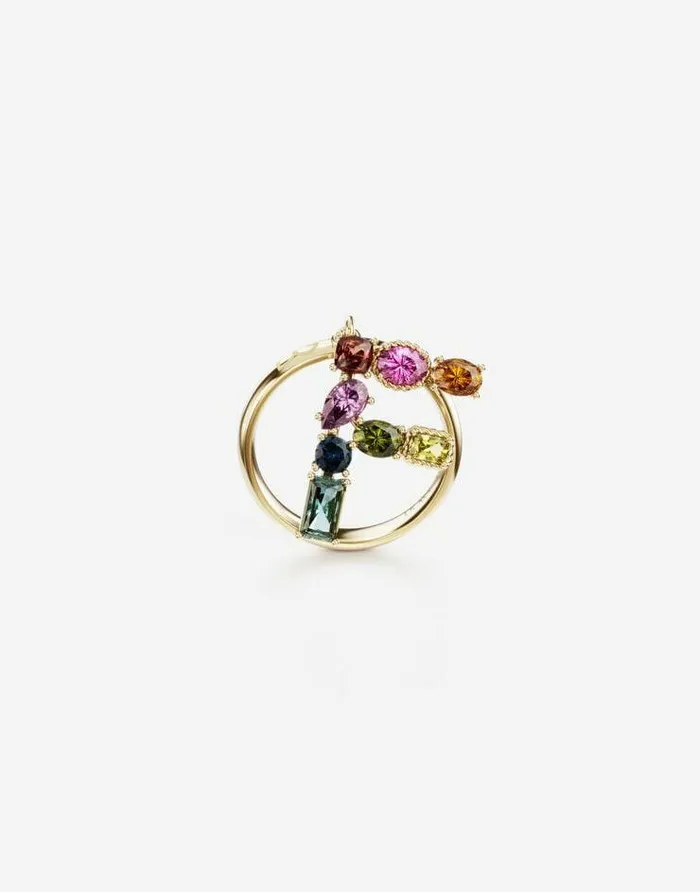 Dolce and Gabbana Alphabet Collection Women Rainbow Alphabet F Ring In Yellow Gold With Multicolor Fine Gems Gold