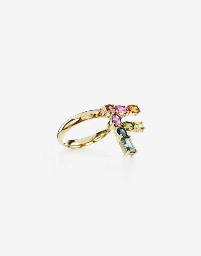 Dolce and Gabbana Alphabet Collection Women Rainbow Alphabet F Ring In Yellow Gold With Multicolor Fine Gems Gold
