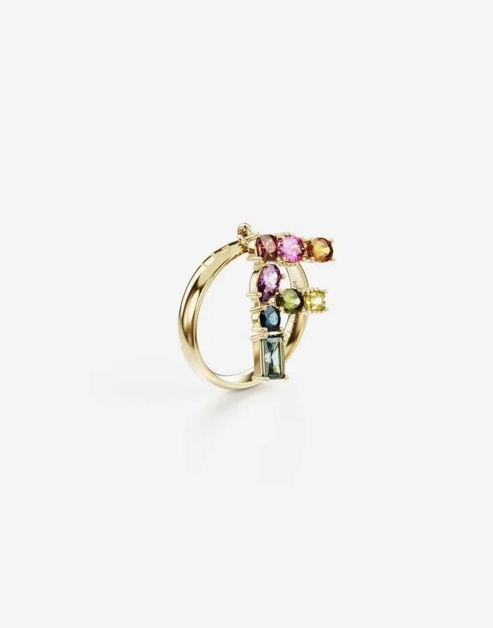 Dolce and Gabbana Alphabet Collection Women Rainbow Alphabet F Ring In Yellow Gold With Multicolor Fine Gems Gold
