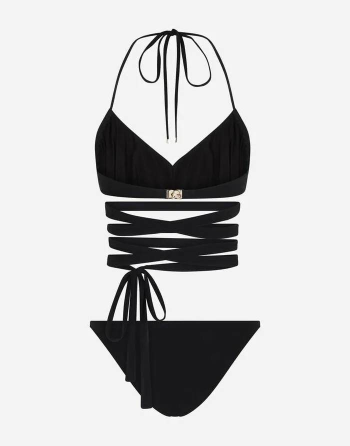 Dolce and Gabbana Beachwear Women Bikini With Wraparound Lace Ties Black