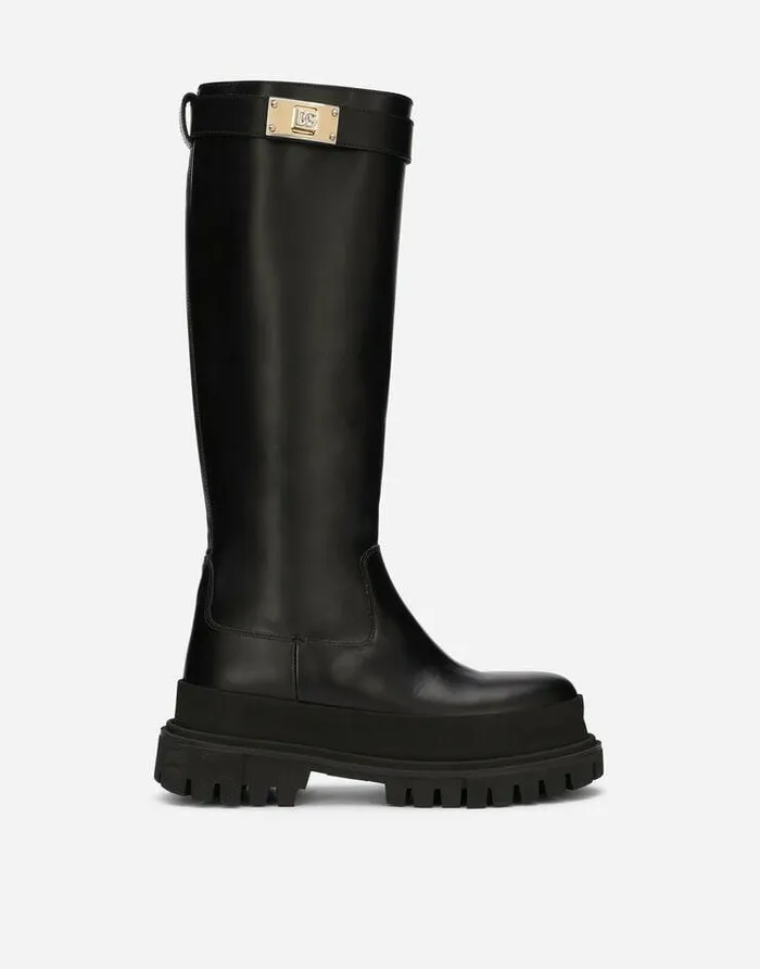 Dolce and Gabbana Boots And Booties Women Calfskin Boots With Branded Strap Black