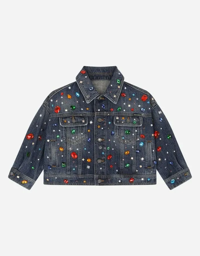 Dolce and Gabbana Coats And Jackets Children Denim Jacket With Fusible Rhinestones Multicolor Dolce and Gabbana Coats And Jackets Children Denim Jacket With Fusible Rhinestones Multicolor