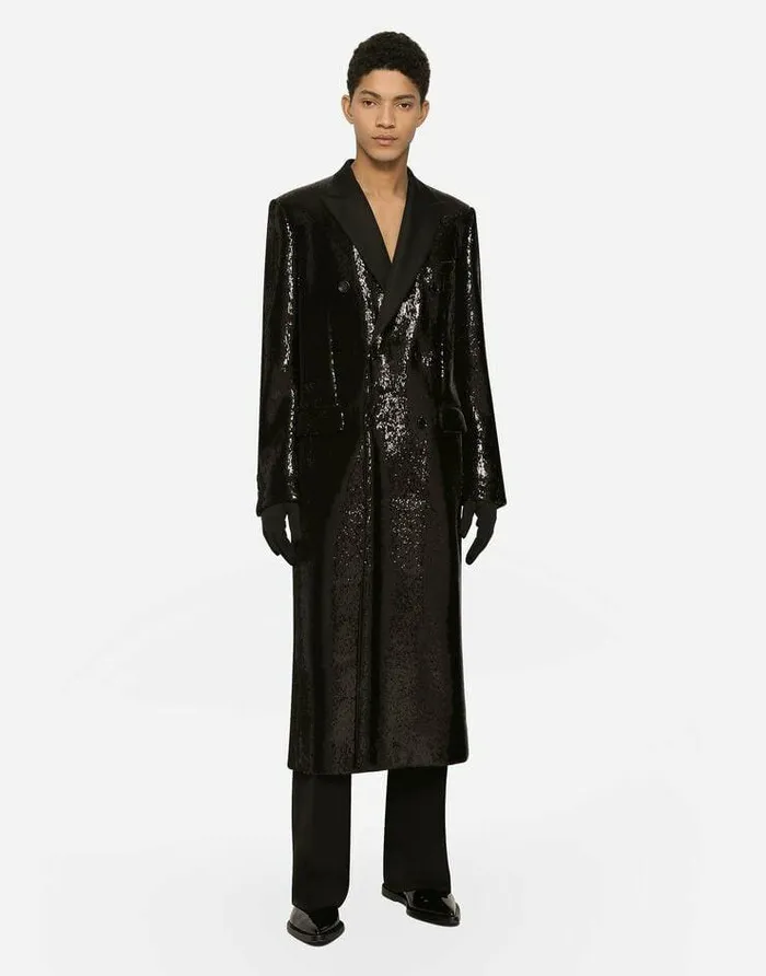 Dolce and Gabbana Coats And Jackets Men Sequined Doublebreasted Coat Black Dolce and Gabbana Coats And Jackets Men Sequined Doublebreasted Coat Black