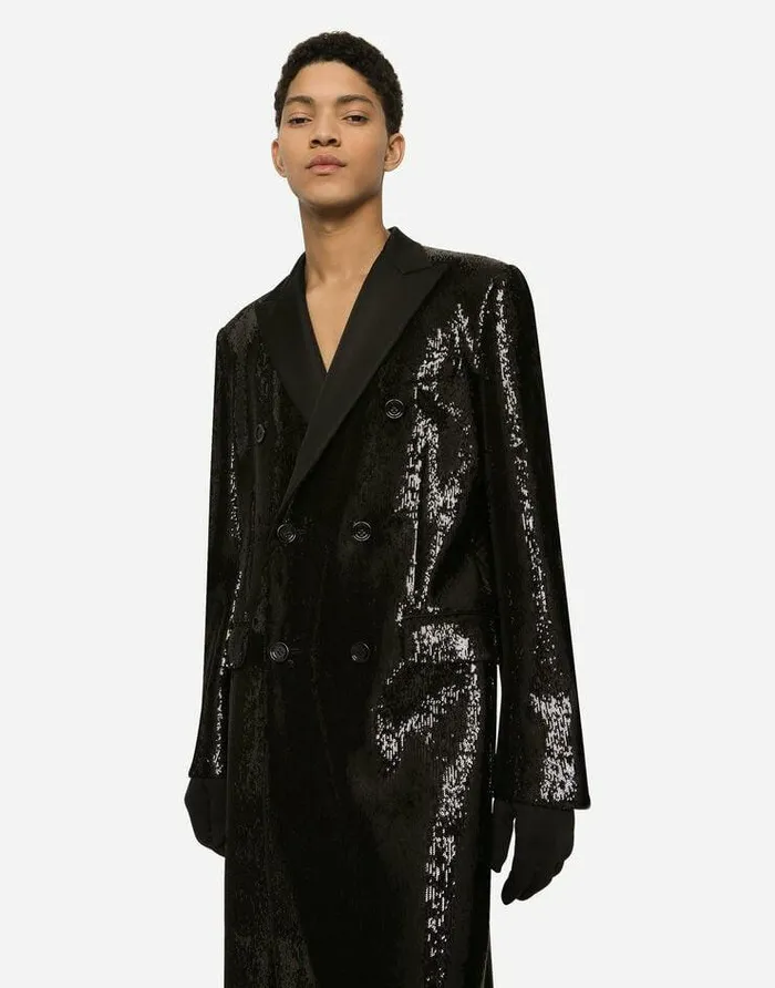 Dolce and Gabbana Coats And Jackets Men Sequined Doublebreasted Coat Black Dolce and Gabbana Coats And Jackets Men Sequined Doublebreasted Coat Black