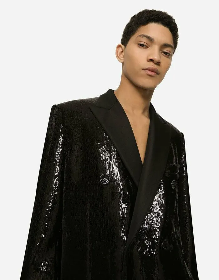 Dolce and Gabbana Coats And Jackets Men Sequined Doublebreasted Coat Black Dolce and Gabbana Coats And Jackets Men Sequined Doublebreasted Coat Black