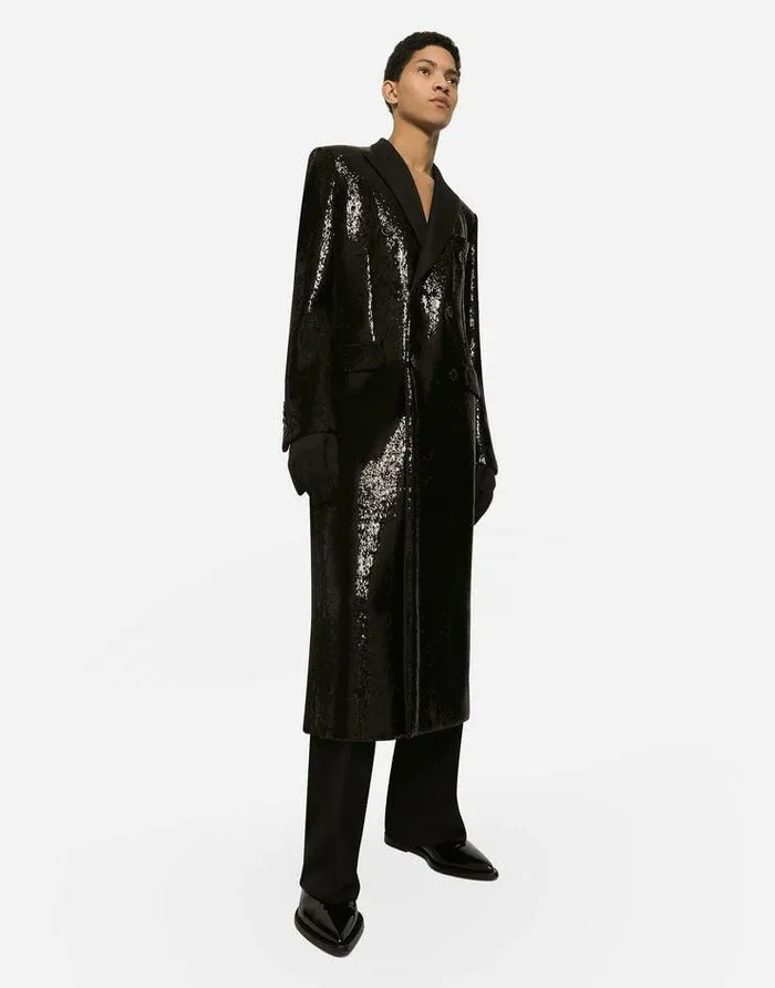 Dolce and Gabbana Coats And Jackets Men Sequined Doublebreasted Coat Black Dolce and Gabbana Coats And Jackets Men Sequined Doublebreasted Coat Black