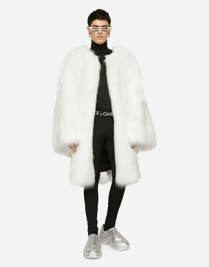 Dolce and Gabbana Coats And Jackets Men Singlebreasted Faux Fur Coat White Dolce and Gabbana Coats And Jackets Men Singlebreasted Faux Fur Coat White
