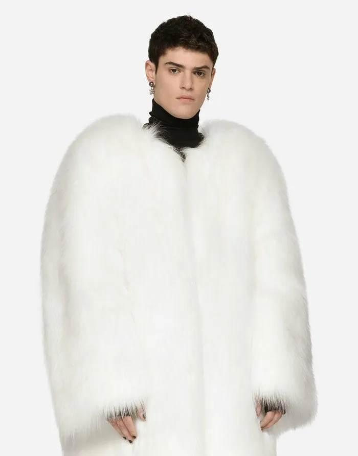 Dolce and Gabbana Coats And Jackets Men Singlebreasted Faux Fur Coat White Dolce and Gabbana Coats And Jackets Men Singlebreasted Faux Fur Coat White