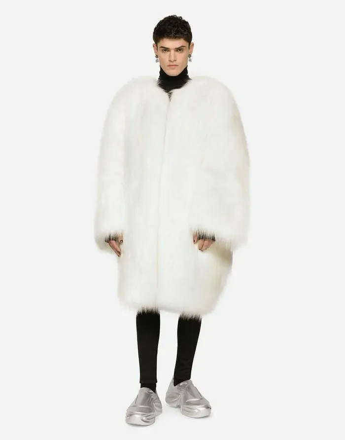 Dolce and Gabbana Coats And Jackets Men Singlebreasted Faux Fur Coat White Dolce and Gabbana Coats And Jackets Men Singlebreasted Faux Fur Coat White