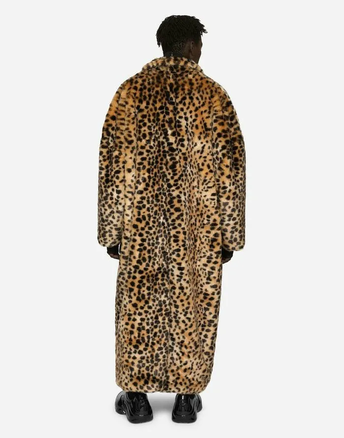 Dolce and Gabbana Coats And Jackets Men Singlebreasted Faux Fur Coat With Leopard Design Multicolor