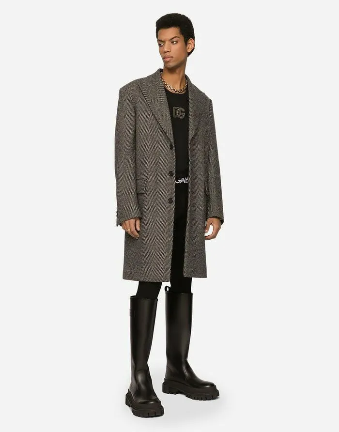 Dolce and Gabbana Coats And Jackets Men Singlebreasted Herringbone Wool Jersey Coat Multicolor Dolce and Gabbana Coats And Jackets Men Singlebreasted Herringbone Wool Jersey Coat Multicolor