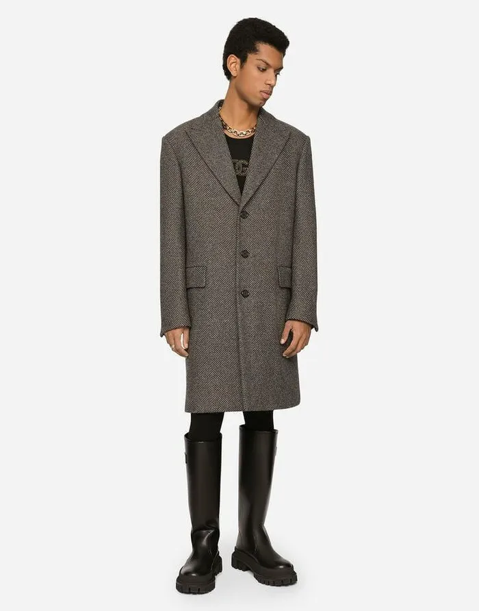 Dolce and Gabbana Coats And Jackets Men Singlebreasted Herringbone Wool Jersey Coat Multicolor Dolce and Gabbana Coats And Jackets Men Singlebreasted Herringbone Wool Jersey Coat Multicolor