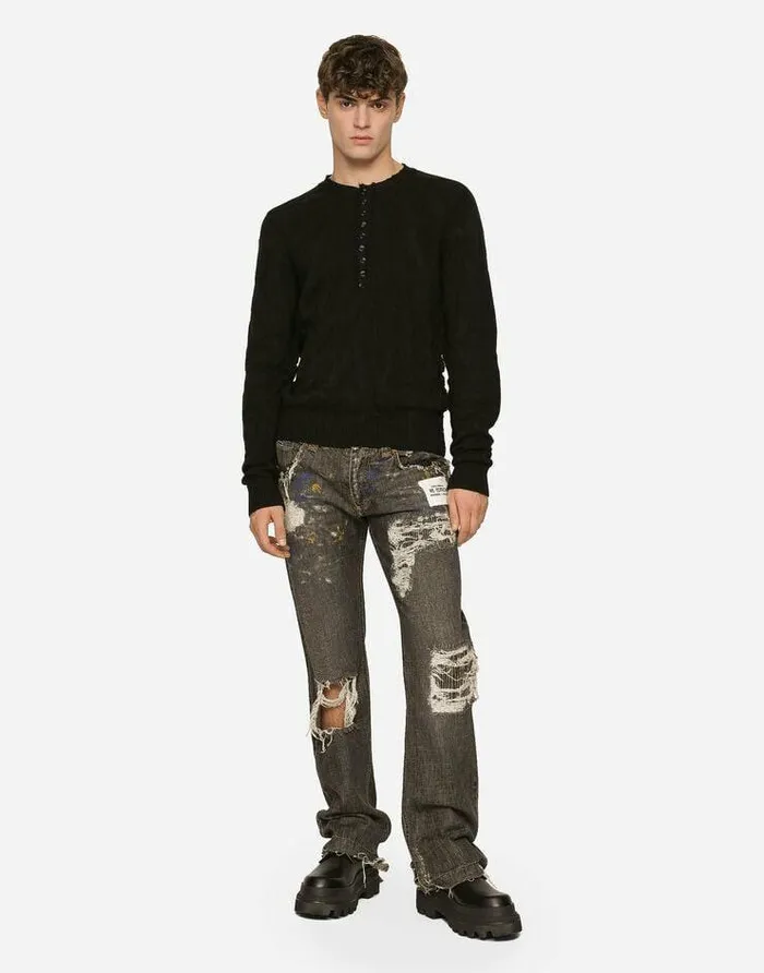 Dolce and Gabbana Denim Men Dirty Denim Straightleg Jeans With Rips Multicolor Dolce and Gabbana Denim Men Dirty Denim Straightleg Jeans With Rips Multicolor