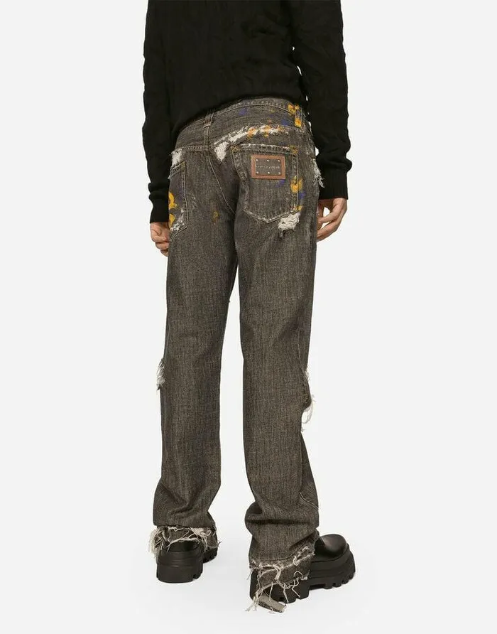 Dolce and Gabbana Denim Men Dirty Denim Straightleg Jeans With Rips Multicolor Dolce and Gabbana Denim Men Dirty Denim Straightleg Jeans With Rips Multicolor