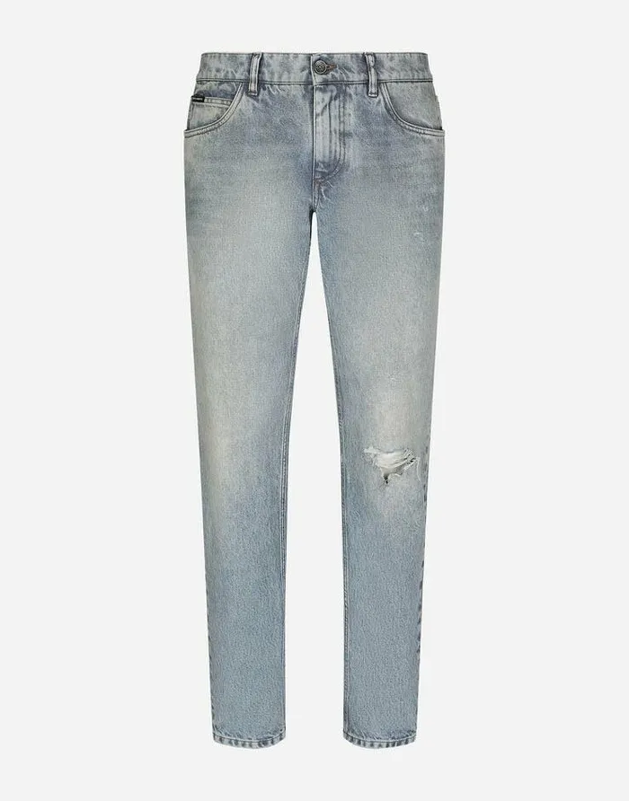 Dolce and Gabbana Denim Men Light Blue Regularfit Stretch Jeans With Rips Multicolor