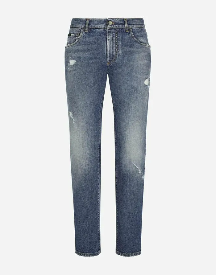 Dolce and Gabbana Denim Men Light Blue Slimfit Stretch Jeans With Abrasions Multicolor