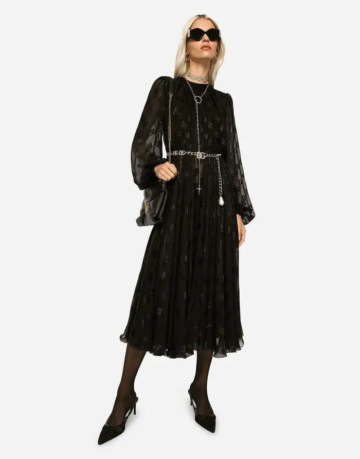 Dolce and Gabbana Dresses Women Devor Satin Dress With Allover DG Logo Black