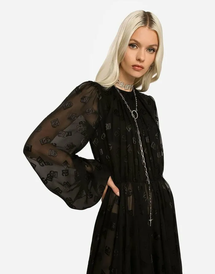 Dolce and Gabbana Dresses Women Devor Satin Dress With Allover DG Logo Black