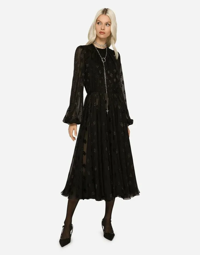 Dolce and Gabbana Dresses Women Devor Satin Dress With Allover DG Logo Black