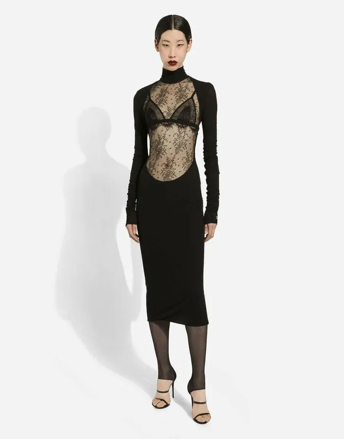 Dolce and Gabbana Dresses Women Jersey Calflength Dress With Chantilly Lace Insert Black