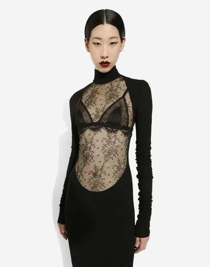 Dolce and Gabbana Dresses Women Jersey Calflength Dress With Chantilly Lace Insert Black