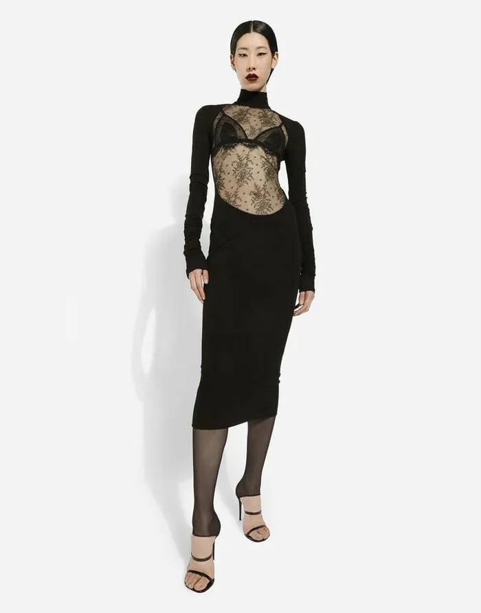 Dolce and Gabbana Dresses Women Jersey Calflength Dress With Chantilly Lace Insert Black