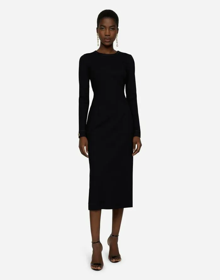 Dolce and Gabbana Dresses Women Longsleeved Jersey Calflength Dress With DG Embellishment Black