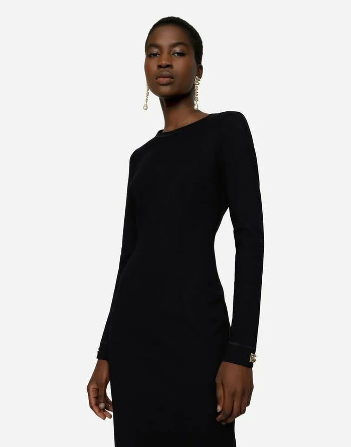 Dolce and Gabbana Dresses Women Longsleeved Jersey Calflength Dress With DG Embellishment Black