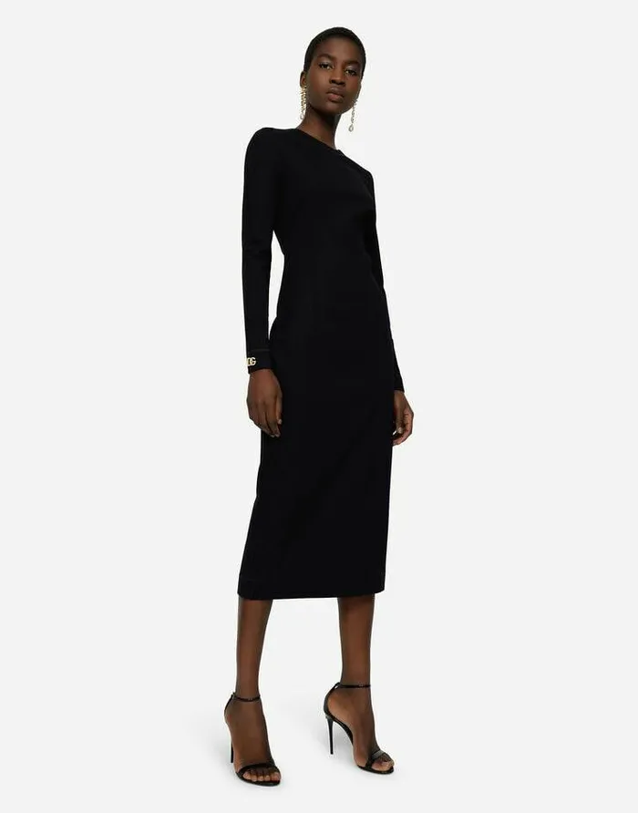 Dolce and Gabbana Dresses Women Longsleeved Jersey Calflength Dress With DG Embellishment Black