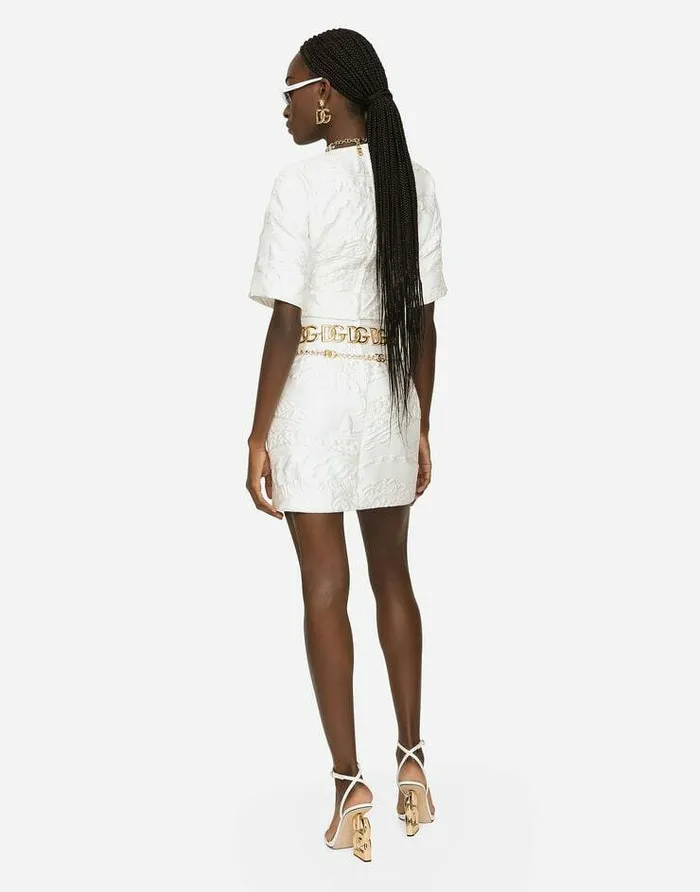 Dolce and Gabbana Dresses Women Short Brocade Dress With Belt White Dolce and Gabbana Dresses Women Short Brocade Dress With Belt White