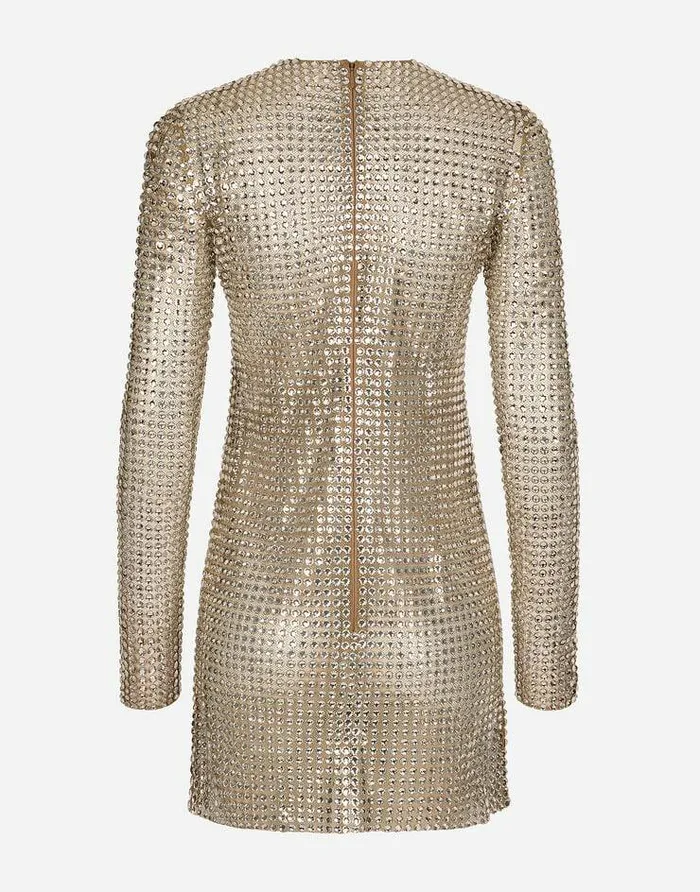 Dolce and Gabbana Dresses Women Short Dress With Allover Rhinestone Embellishment On Tulle Crystal