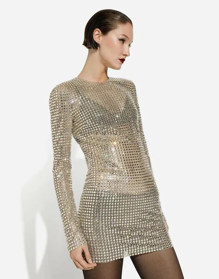 Dolce and Gabbana Dresses Women Short Dress With Allover Rhinestone Embellishment On Tulle Crystal