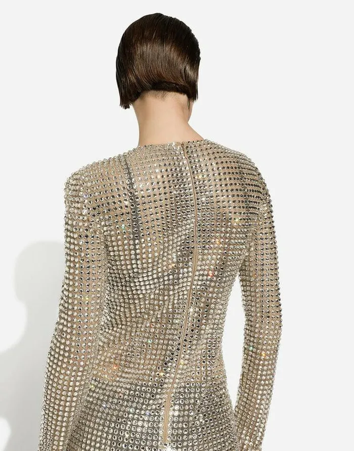 Dolce and Gabbana Dresses Women Short Dress With Allover Rhinestone Embellishment On Tulle Crystal