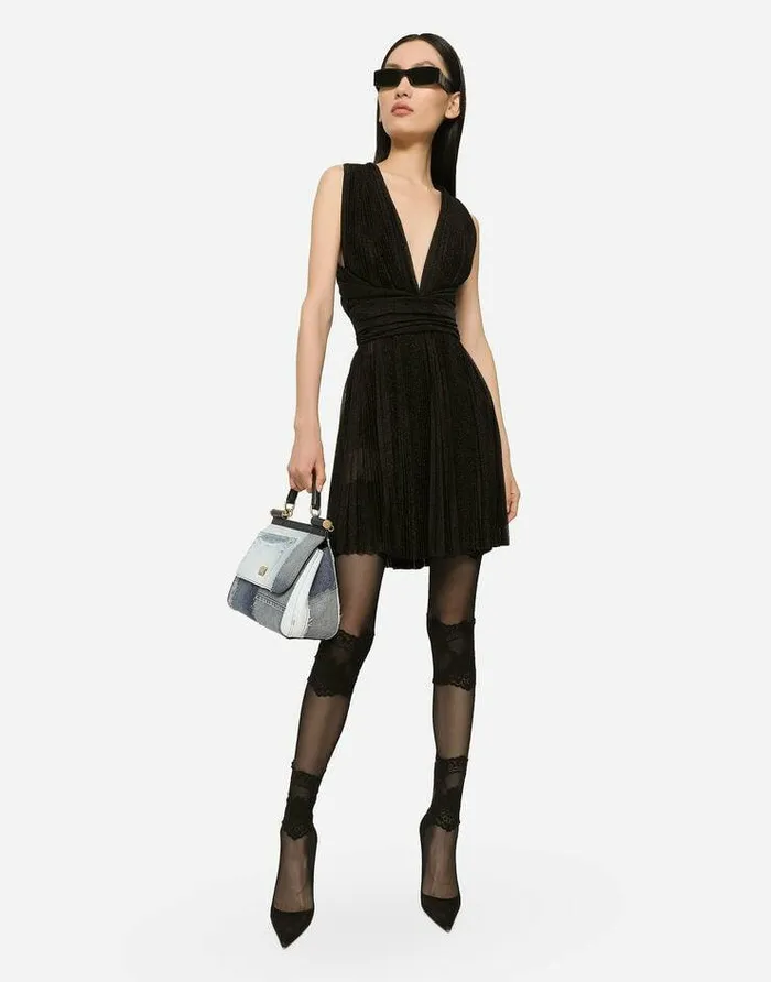 Dolce and Gabbana Dresses Women Short Pleated Lurex Mesh Dress Black
