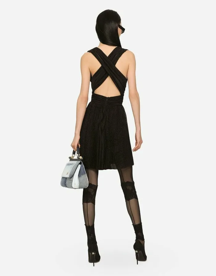 Dolce and Gabbana Dresses Women Short Pleated Lurex Mesh Dress Black