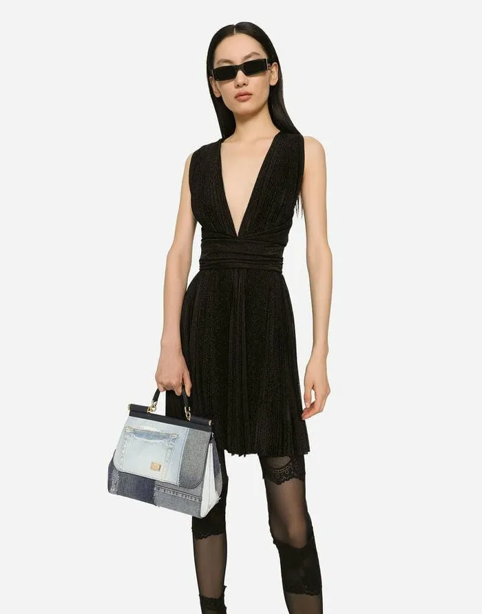 Dolce and Gabbana Dresses Women Short Pleated Lurex Mesh Dress Black