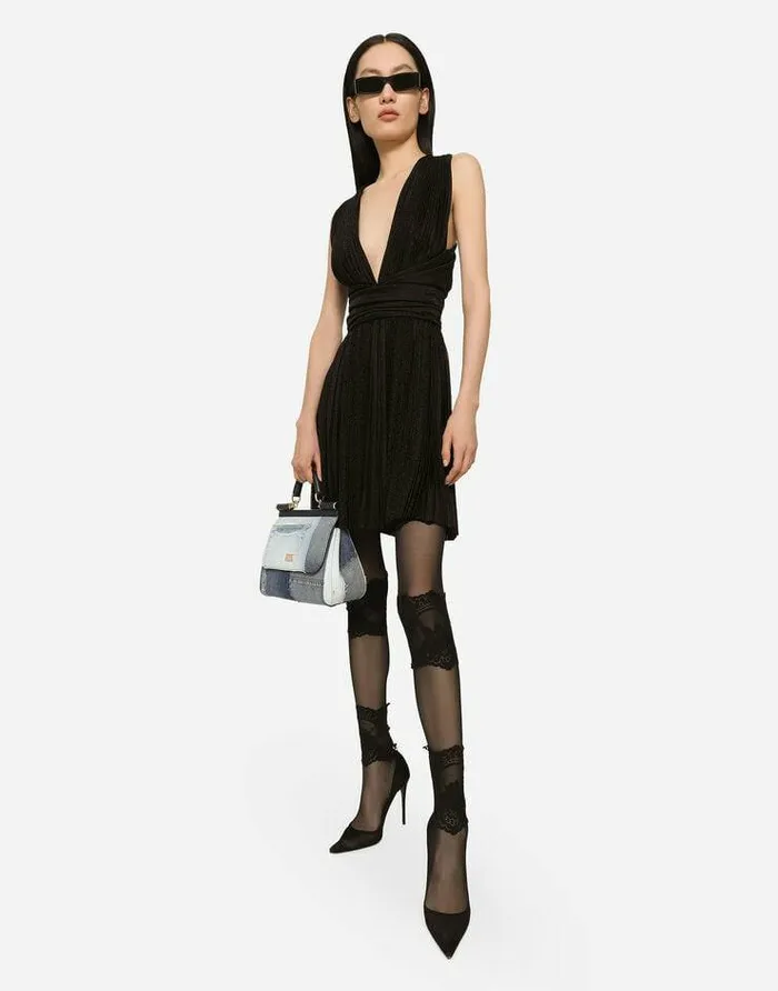 Dolce and Gabbana Dresses Women Short Pleated Lurex Mesh Dress Black