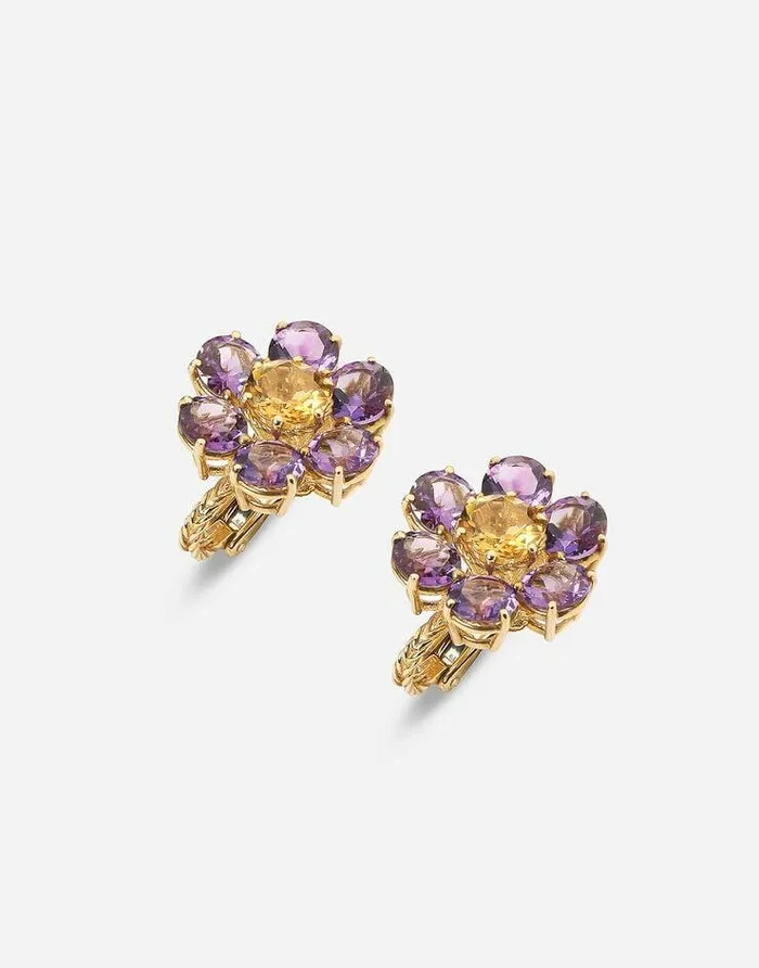 Dolce and Gabbana Earrings Women Spring Earrings In Yellow 18kt Gold With Amethyst Flower Motif Gold