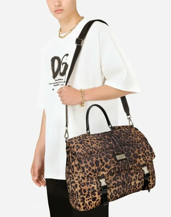 Dolce and Gabbana Handbags WomenMen Leopardprint Sicily Travel Bag In Quilted Nylon Leo Print