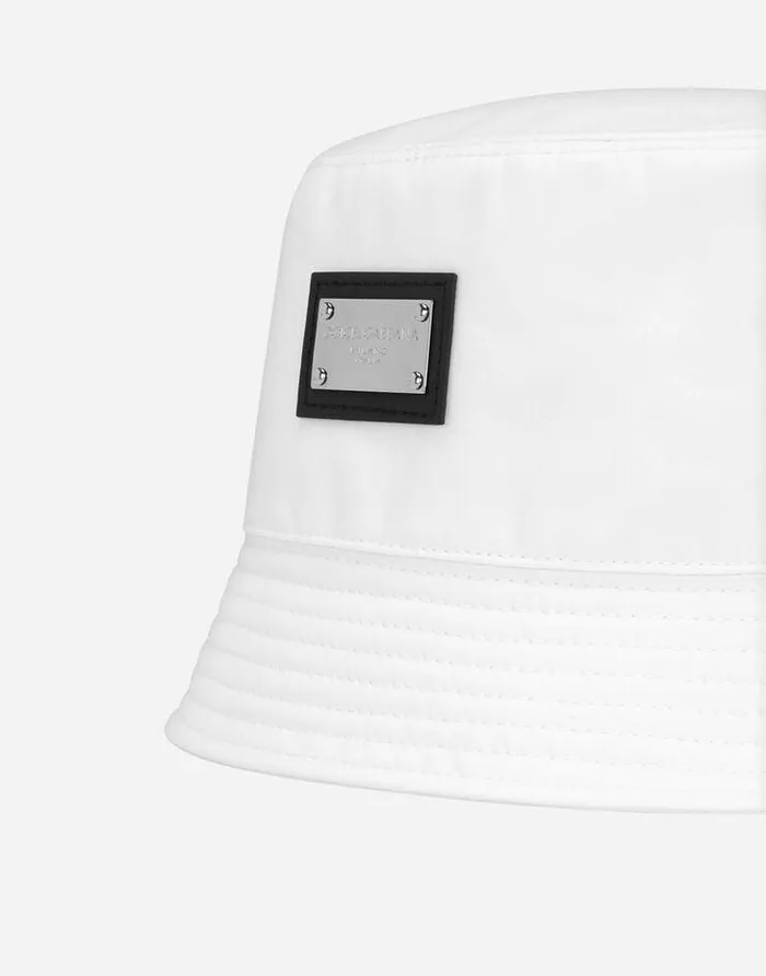 Dolce and Gabbana Hats And Gloves Men Nylon Bucket Hat With Branded Plate White Dolce and Gabbana Hats And Gloves Men Nylon Bucket Hat With Branded Plate White