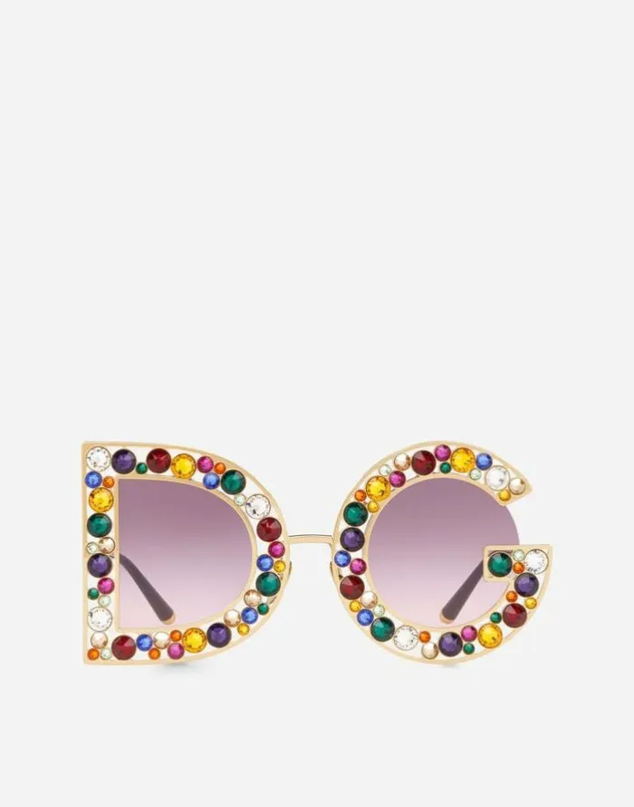 Dolce and Gabbana Icons Women DG Crystal Sunglasses Shiny Gold And Leo Multicolor Crystals