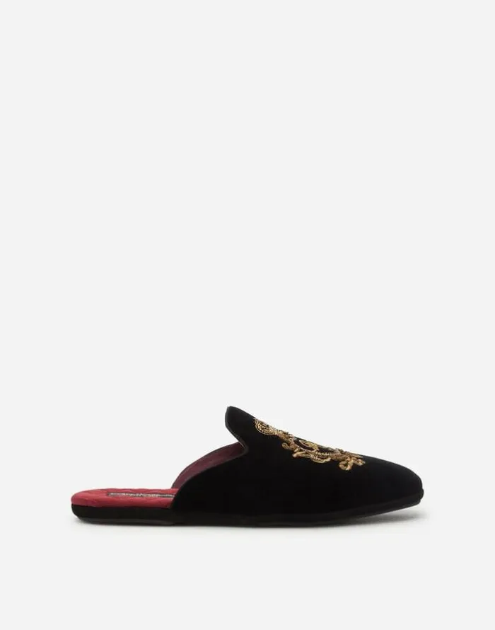 Dolce and Gabbana Loafers And Moccasins Men Velvet Slippers With Coat Of Arms Embroidery Black