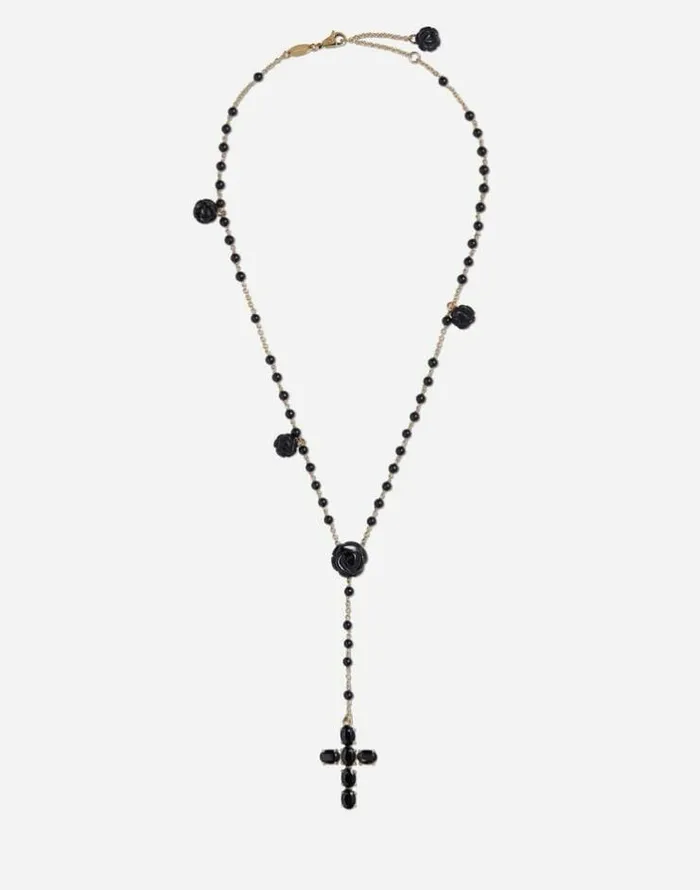 Dolce and Gabbana Necklaces Women Yellow Gold Devotion Rosary Necklace With Black Oval Sapphires Gold