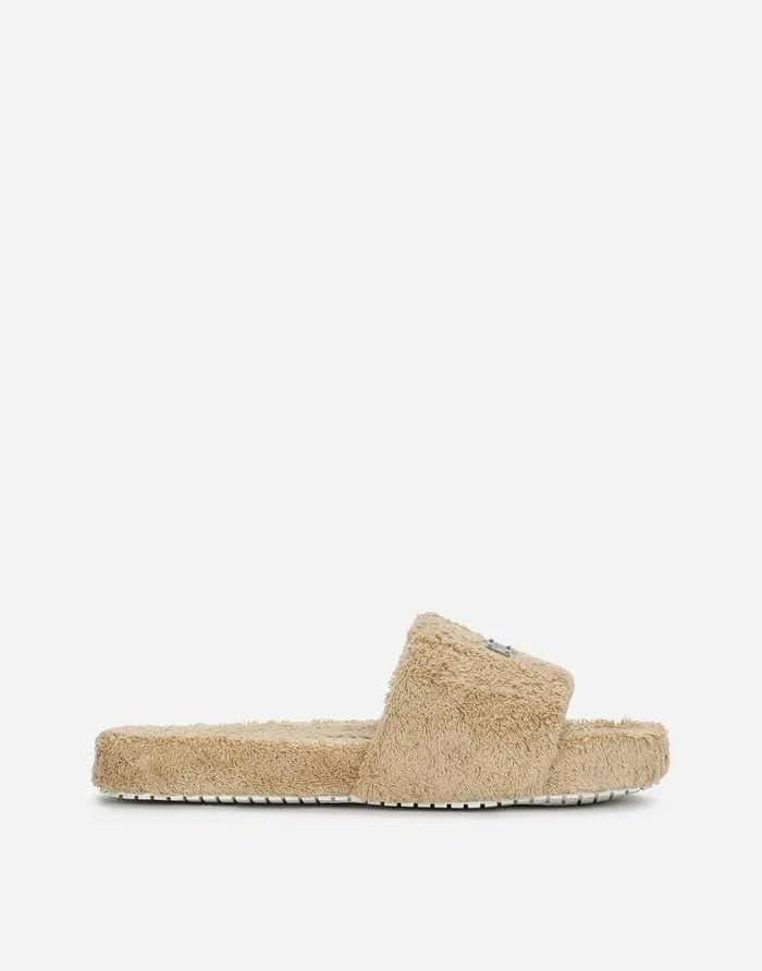 Dolce and Gabbana Sandals And Slides Men Terrycloth Sliders With Logo Tag Beige Dolce and Gabbana Sandals And Slides Men Terrycloth Sliders With Logo Tag Beige