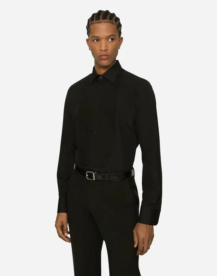 Dolce and Gabbana Shirts Men Cotton Poplin Goldfit Tuxedo Shirt Black