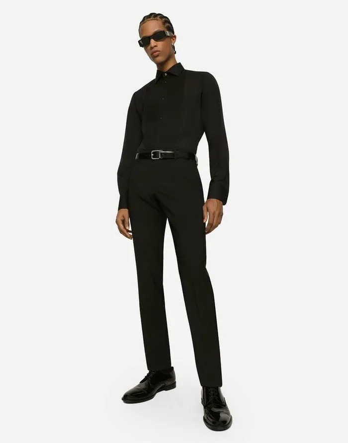 Dolce and Gabbana Shirts Men Cotton Poplin Goldfit Tuxedo Shirt Black
