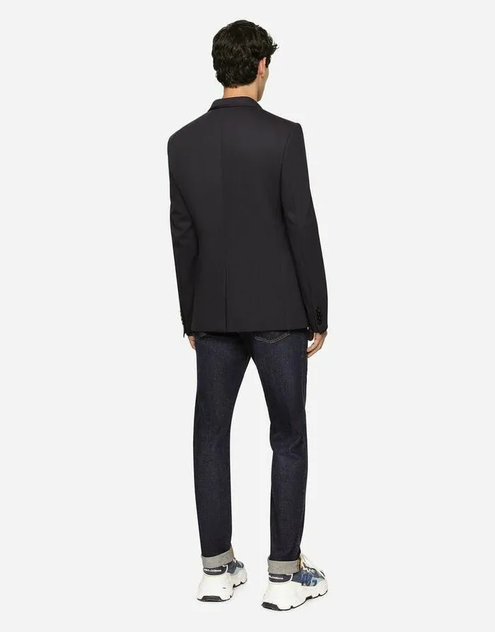 Dolce and Gabbana Suits And Blazers Men Jersey Jacket With Patch Blue Dolce and Gabbana Suits And Blazers Men Jersey Jacket With Patch Blue