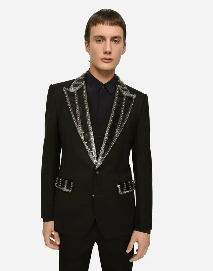 Dolce and Gabbana Suits And Blazers Men Threepiece Stretch Wool Siciliafit Suit With Rhinestones Black Dolce and Gabbana Suits And Blazers Men Threepiece Stretch Wool Siciliafit Suit With Rhinestones Black