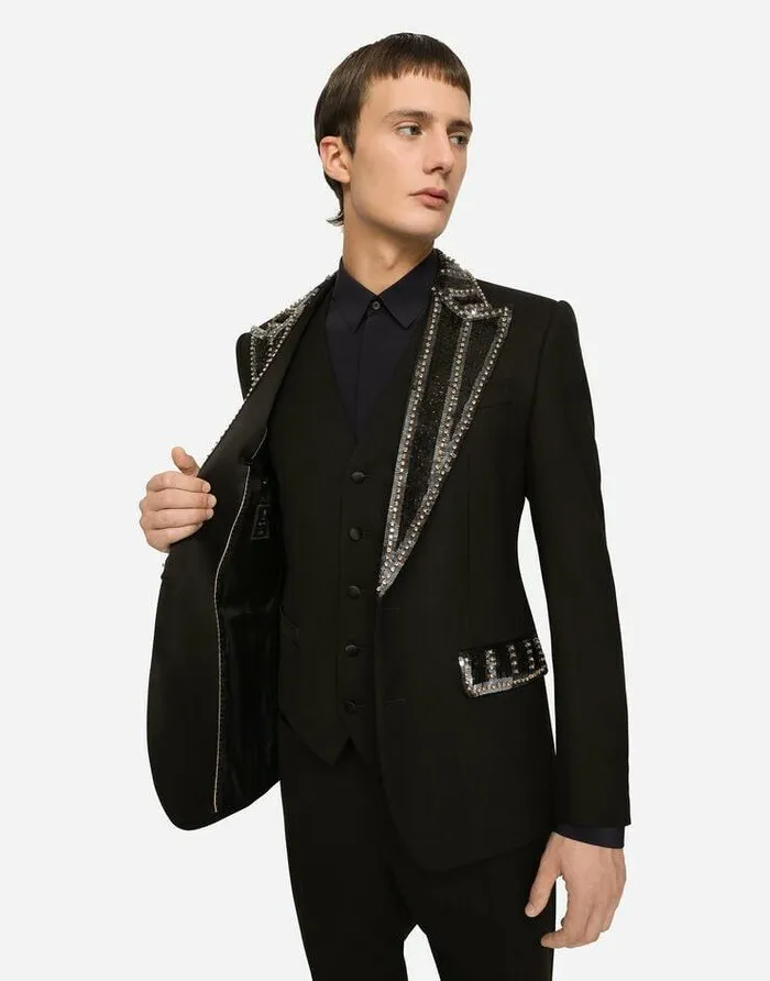 Dolce and Gabbana Suits And Blazers Men Threepiece Stretch Wool Siciliafit Suit With Rhinestones Black Dolce and Gabbana Suits And Blazers Men Threepiece Stretch Wool Siciliafit Suit With Rhinestones Black