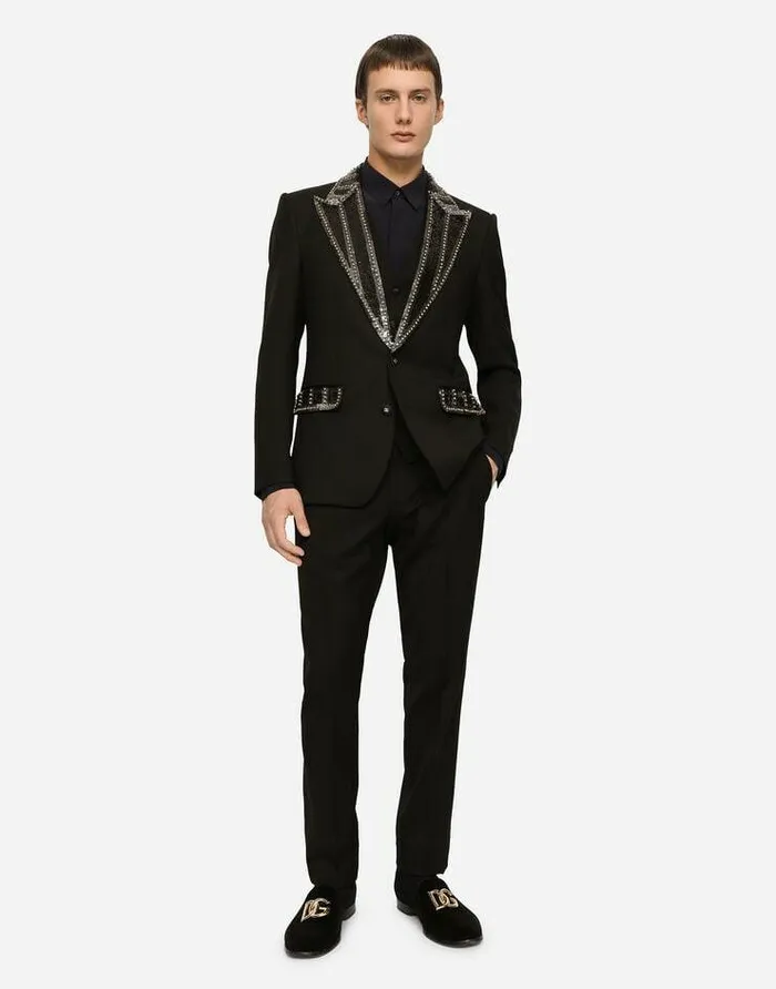 Dolce and Gabbana Suits And Blazers Men Threepiece Stretch Wool Siciliafit Suit With Rhinestones Black Dolce and Gabbana Suits And Blazers Men Threepiece Stretch Wool Siciliafit Suit With Rhinestones Black